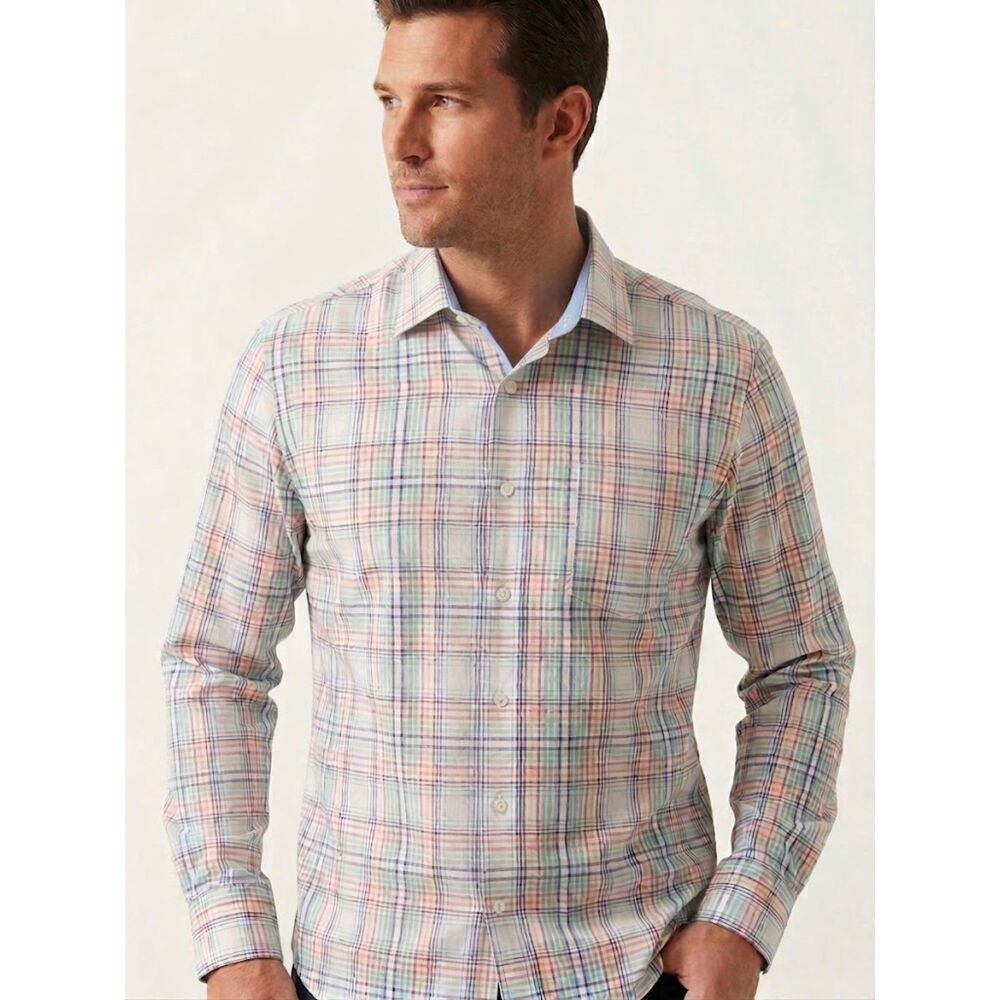 Tommy Bahama Linen Blend Plaid Button Up Shirt Mens L